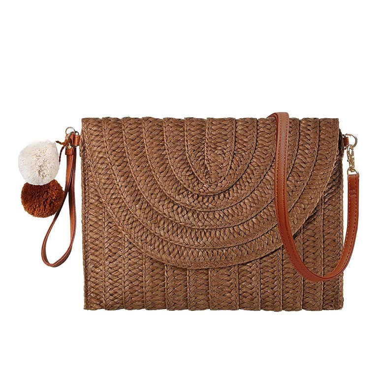 Raffia Woven Wicker Clutch Bag Straw Purse For Girls Summer Beach Crossbody Handbags (Brown) | Walmart (US)