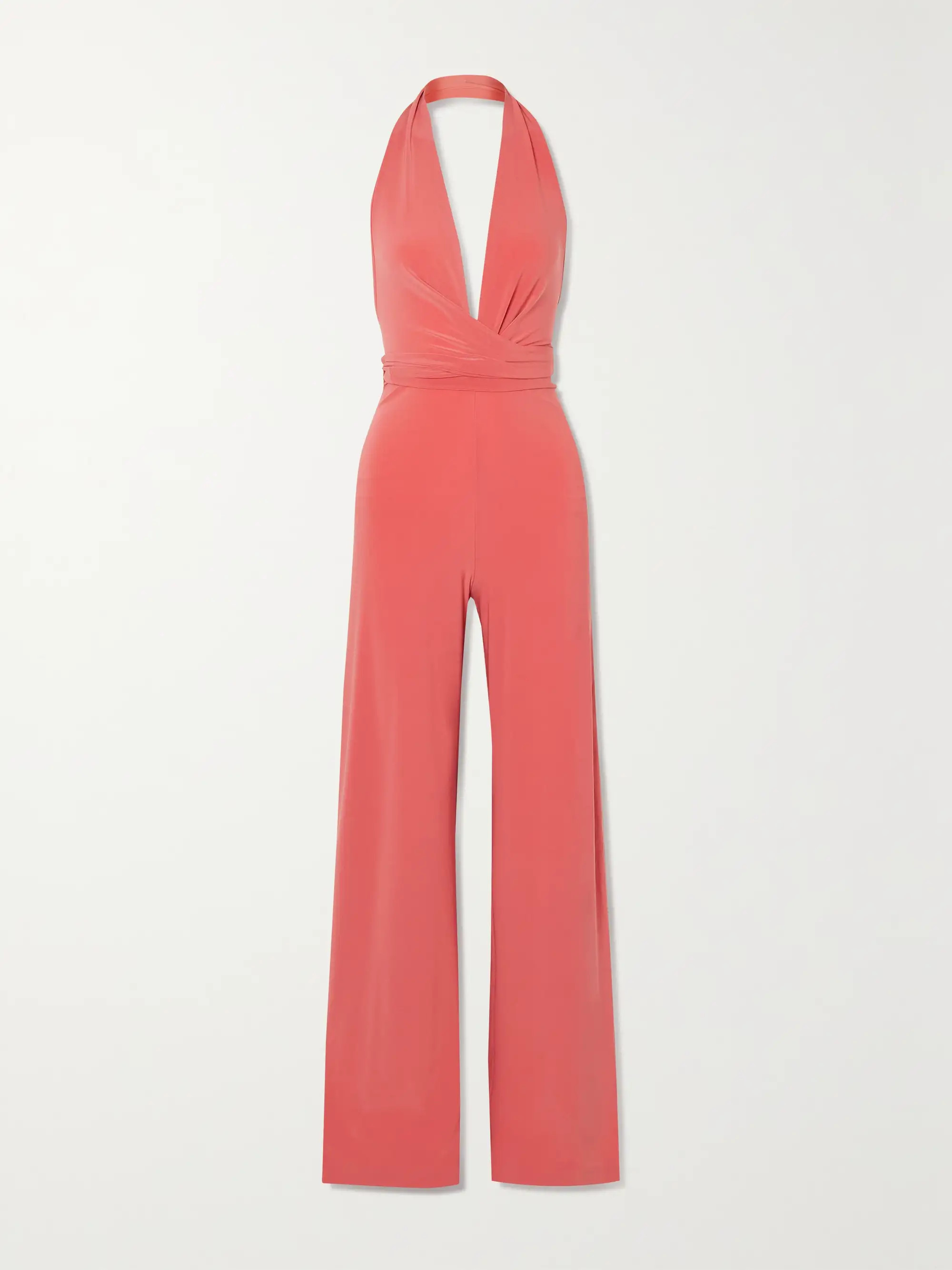 Pink Belted stretch-jersey halterneck jumpsuit | NORMA KAMALI | NET-A-PORTER | NET-A-PORTER (US)