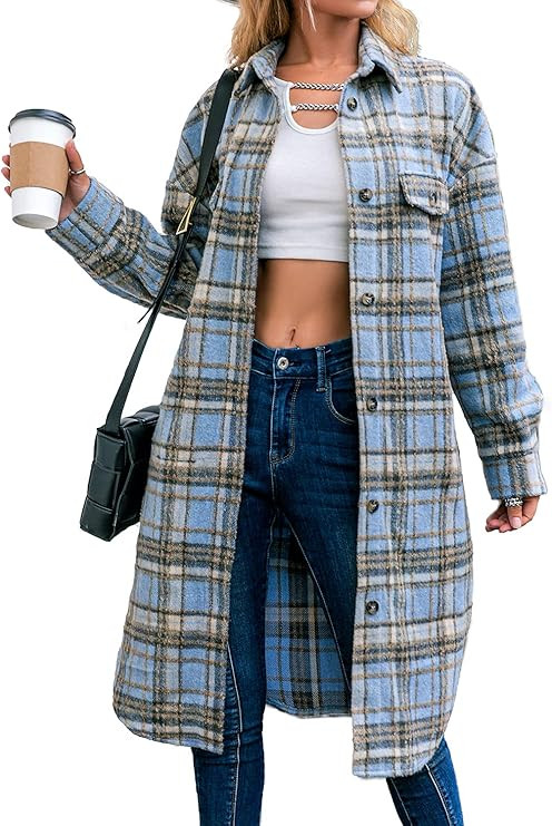 Amegoya Women's Casual Plaid Lapel Shacket Jacket Wool Blend Button Up Shirt Loose Oversize Coat | Amazon (US)