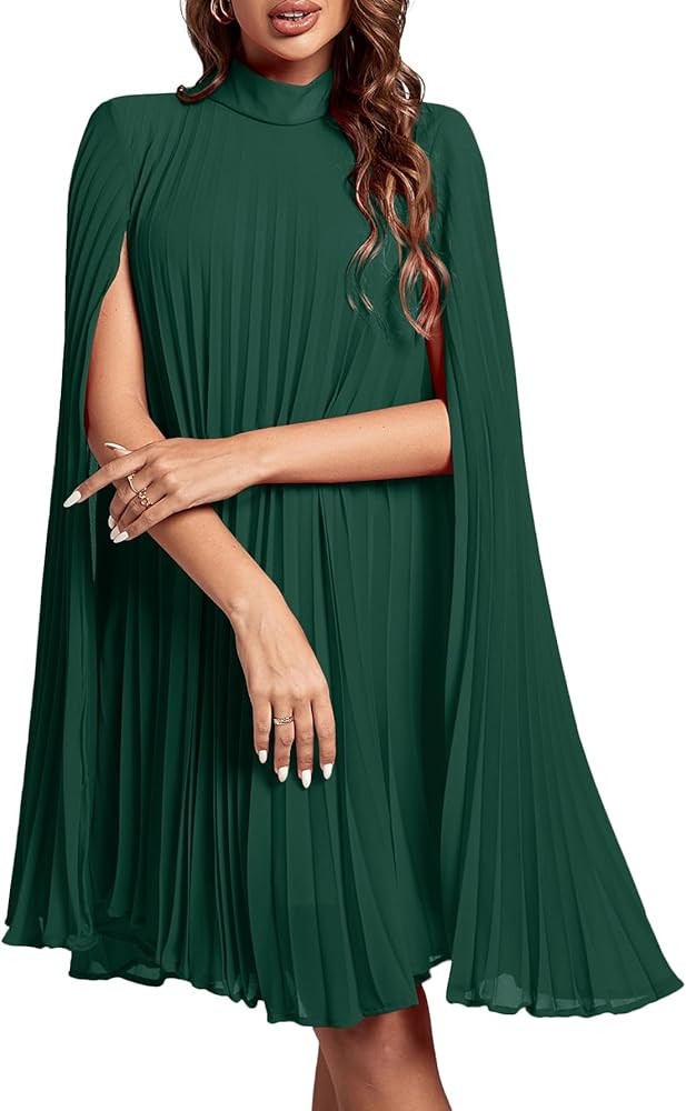 Rooscier Women's Mock Neck Cloak Sleeve Pleated Keyhole Back Flowy Party Midi Dress | Amazon (US)