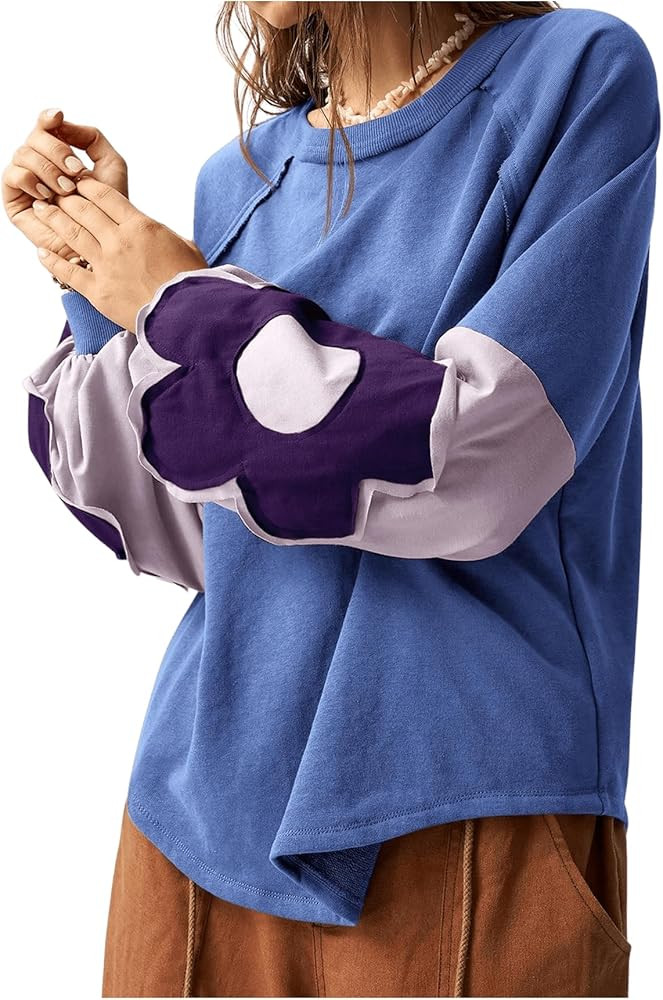Women's Oversized Sweatshirt Boho Tops Patchwork Crewneck Sweatshirt Floral Long Sleeve Pullover ... | Amazon (US)