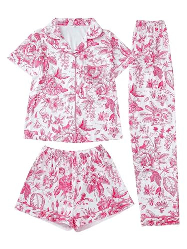 MakeMeChic Women's 3 Piece Pajama Sets Floral Print Short Sleeve Button Down Shirts Shorts and Pants PJ Set Hot Pink Large | Amazon (US)