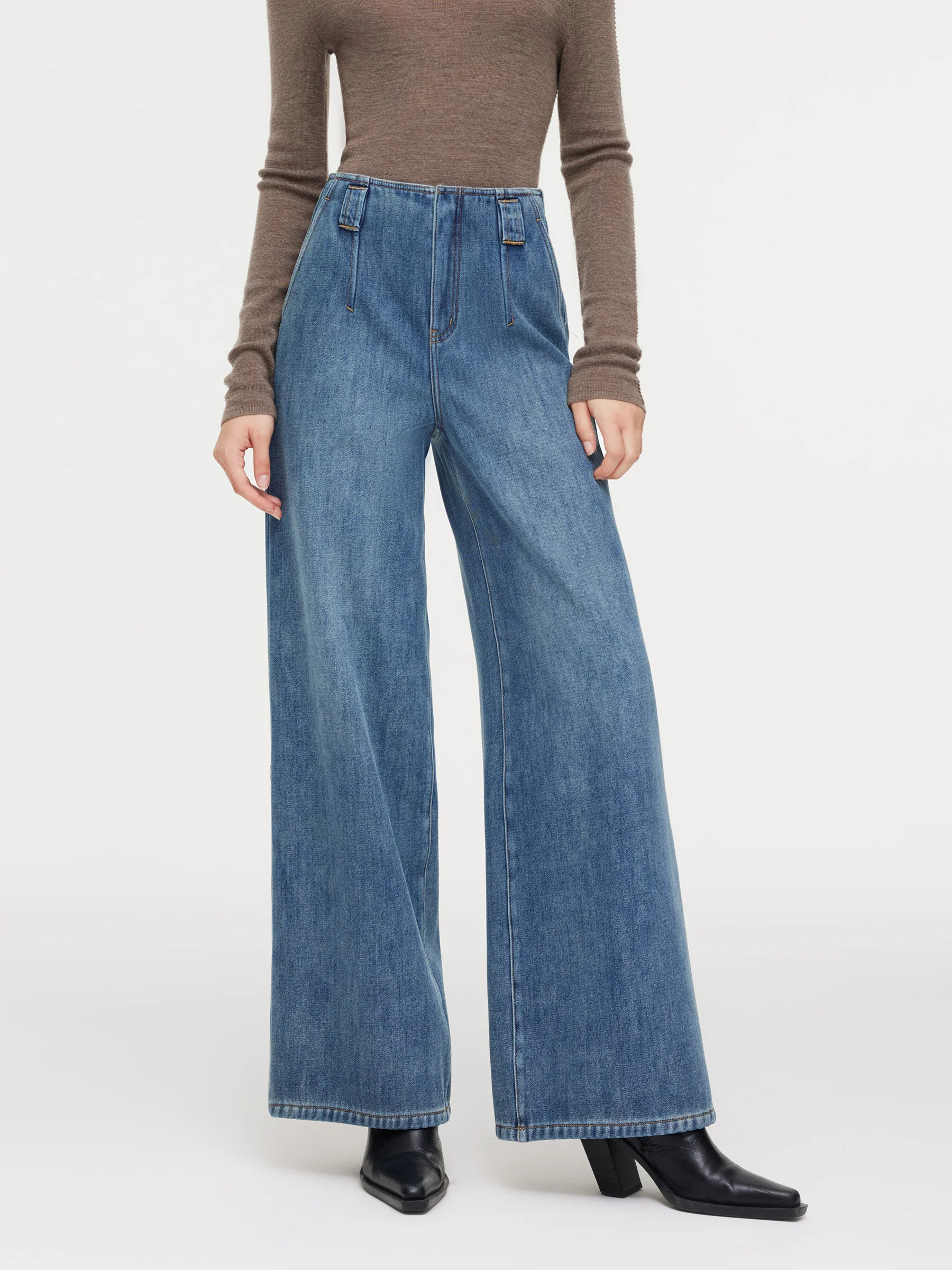 100% Cotton Denim Fleece Lined Women Wide Leg Jeans | GOELIA