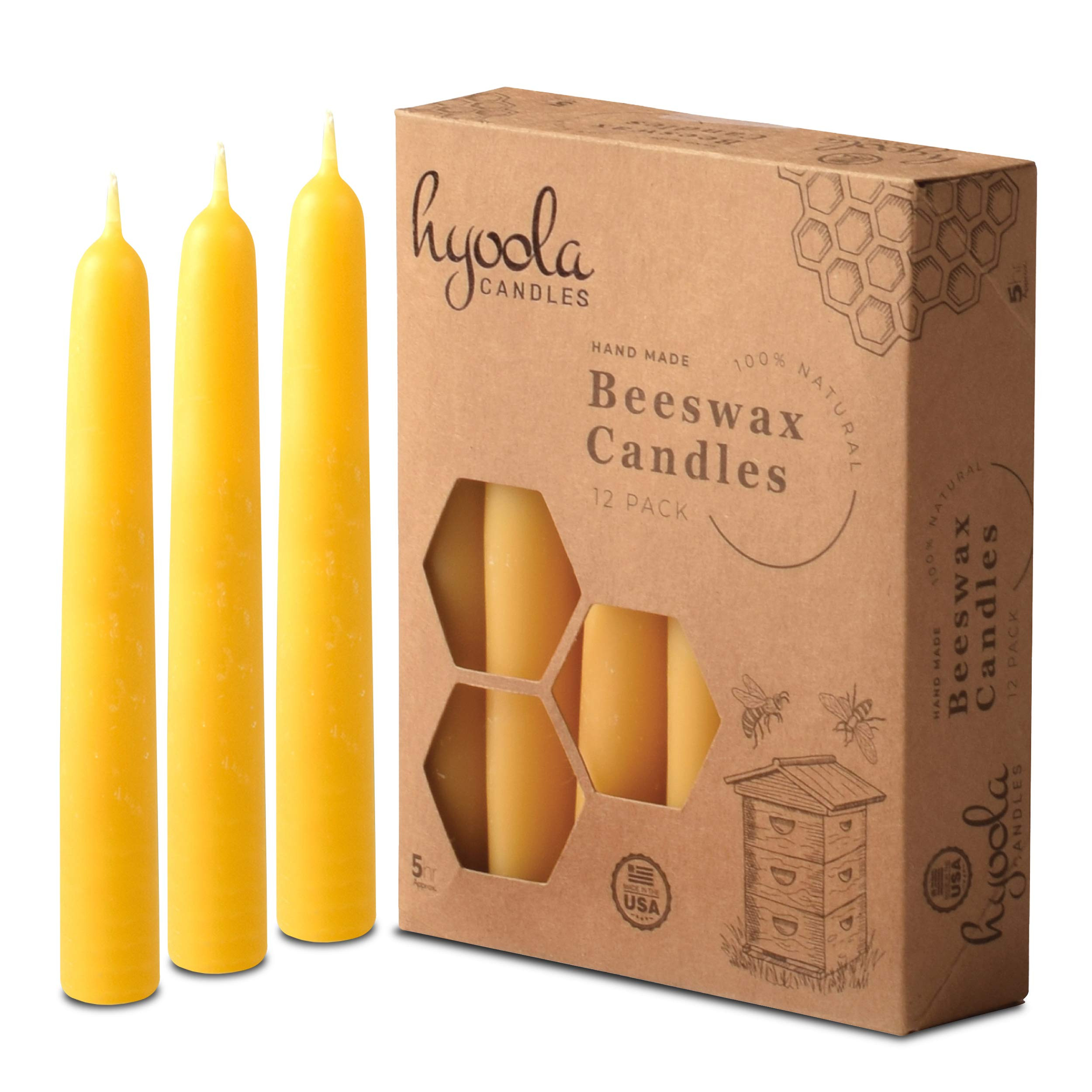 Hyoola 5 Inch Beeswax Taper Candles 12 Pack - Handmade, All Natural, 100% Pure Unscented Bee Wax ... | Amazon (US)