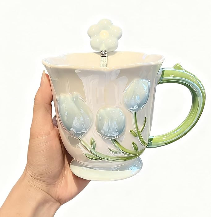 Adorable 3D Tulip Ceramic Mug ，with and Spoon,Flower Mugs with Handle,Floral Girly Mugs,Breakfa... | Amazon (US)