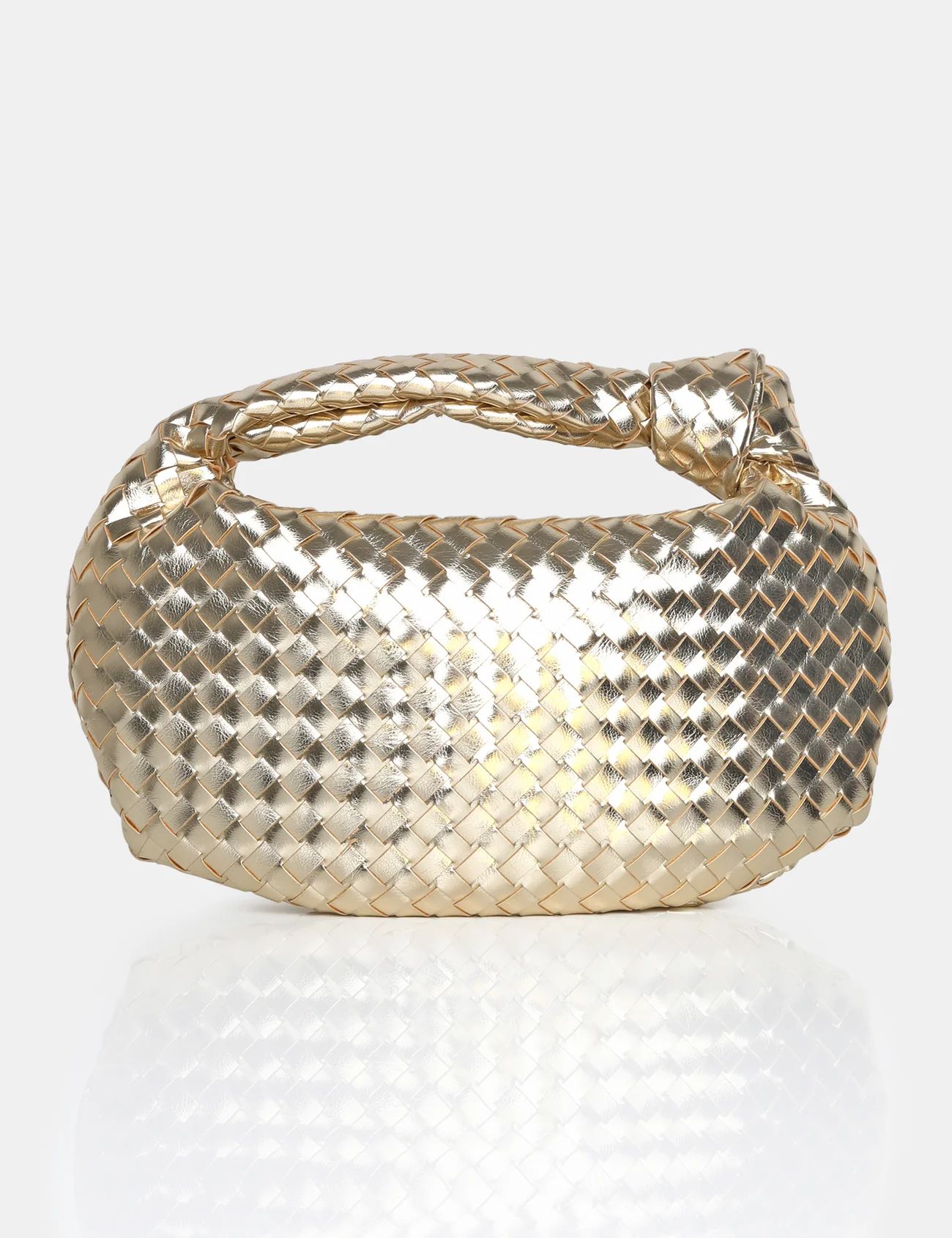 The Blame Metallic Gold Woven PU Knot Detail Mini Grab Bag | Public Desire