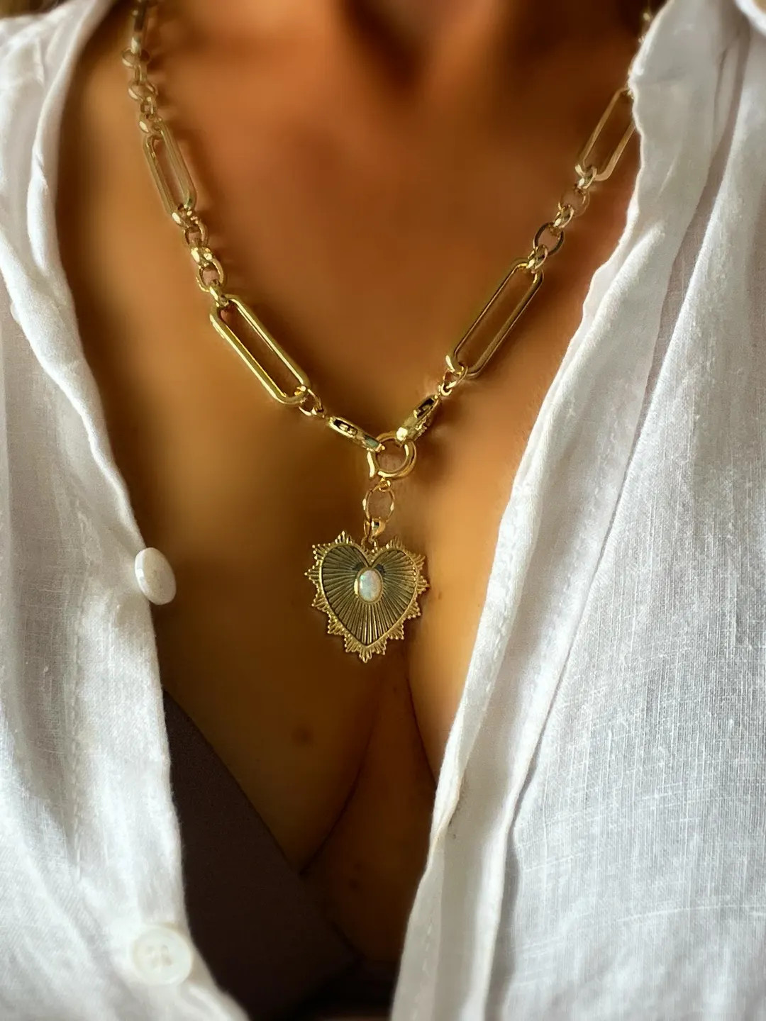 Heart Pendant Necklace, Gold Paperclip Chain Jewelry,pearl Accent Statement Piece - Etsy | Etsy (US)