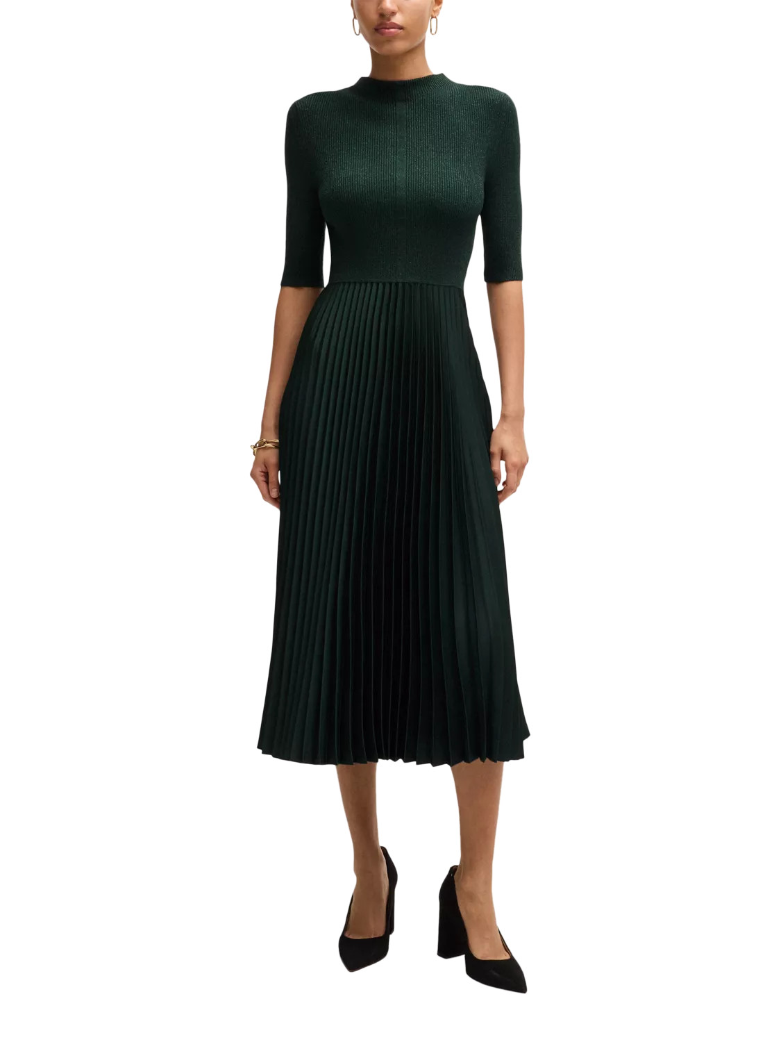 HUGO BOSSBOSS Metallic Wool Blend Plisse Pleat Midi Dress, Green | John Lewis (UK)