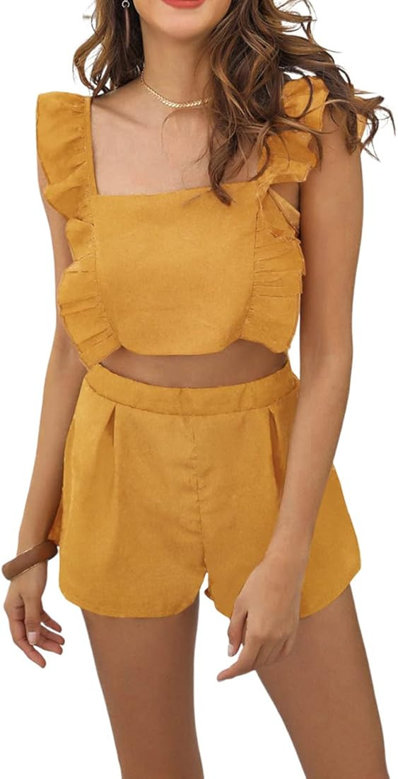 Lcucyes Women's Summer 2 Piece Outfits Tie Back Ruffle Strap Crop Top and Shorts Sets | Amazon (US)