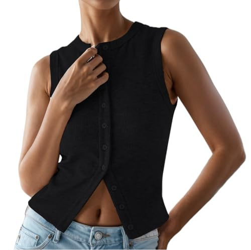 Button Down Knit Vest for Women Sleeveless Open Front Tank Top Summer Slim Fit Dressy Top Black | Amazon (US)