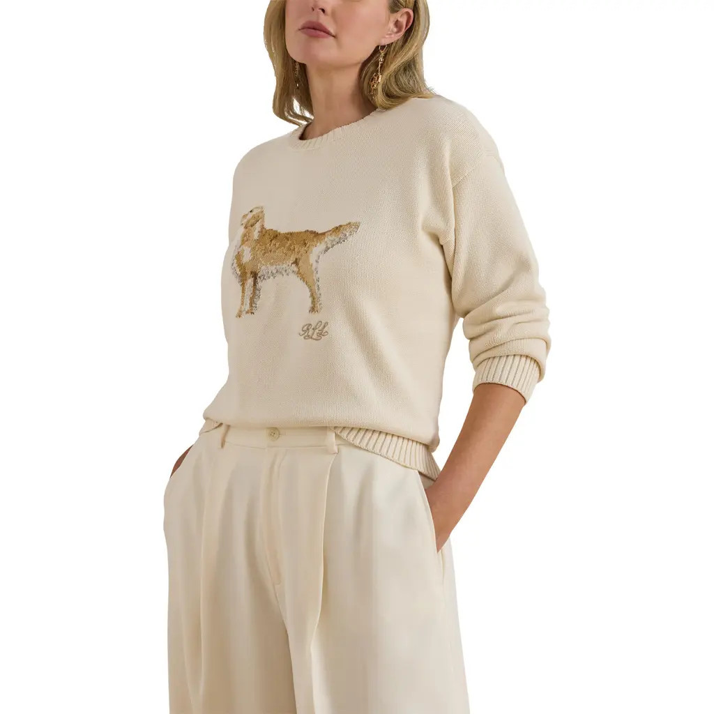 Lauren Ralph Lauren Intarsia Golden Retriever Cotton Sweater in Mascarpone Cream at Nordstrom, Size 1X | Nordstrom