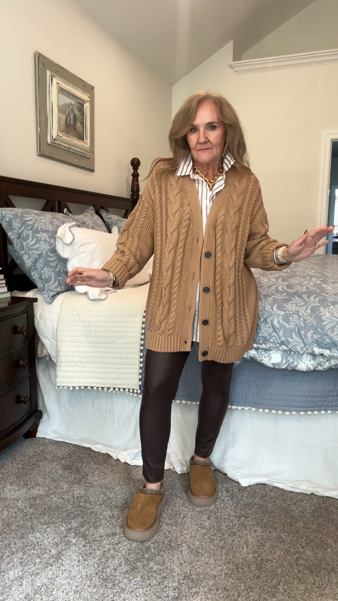 Fall outfit with oversized blouse and cardigan. Wearing Walmart leggings in a large. I’d recommend your smaller size. I sized up and wished I hadn’t. 

Sweater order smaller size. I’m in a large and it’s too big. The striped blouse is another getting option. Size medium. 

Clogs are tts. Very comfy. All the younger gals are wearing them and they sell out each year. Grab yours! Under $100. 

Linking my bedding too. I love it. 

Bedroom bedding quince sweater Walmart faux leather leggings loft striped blouse Ugg slippers Ugg clogs travel outfit casual fall outfit 

#LTKOver40 #LTKFindsUnder100 #LTKMidsize