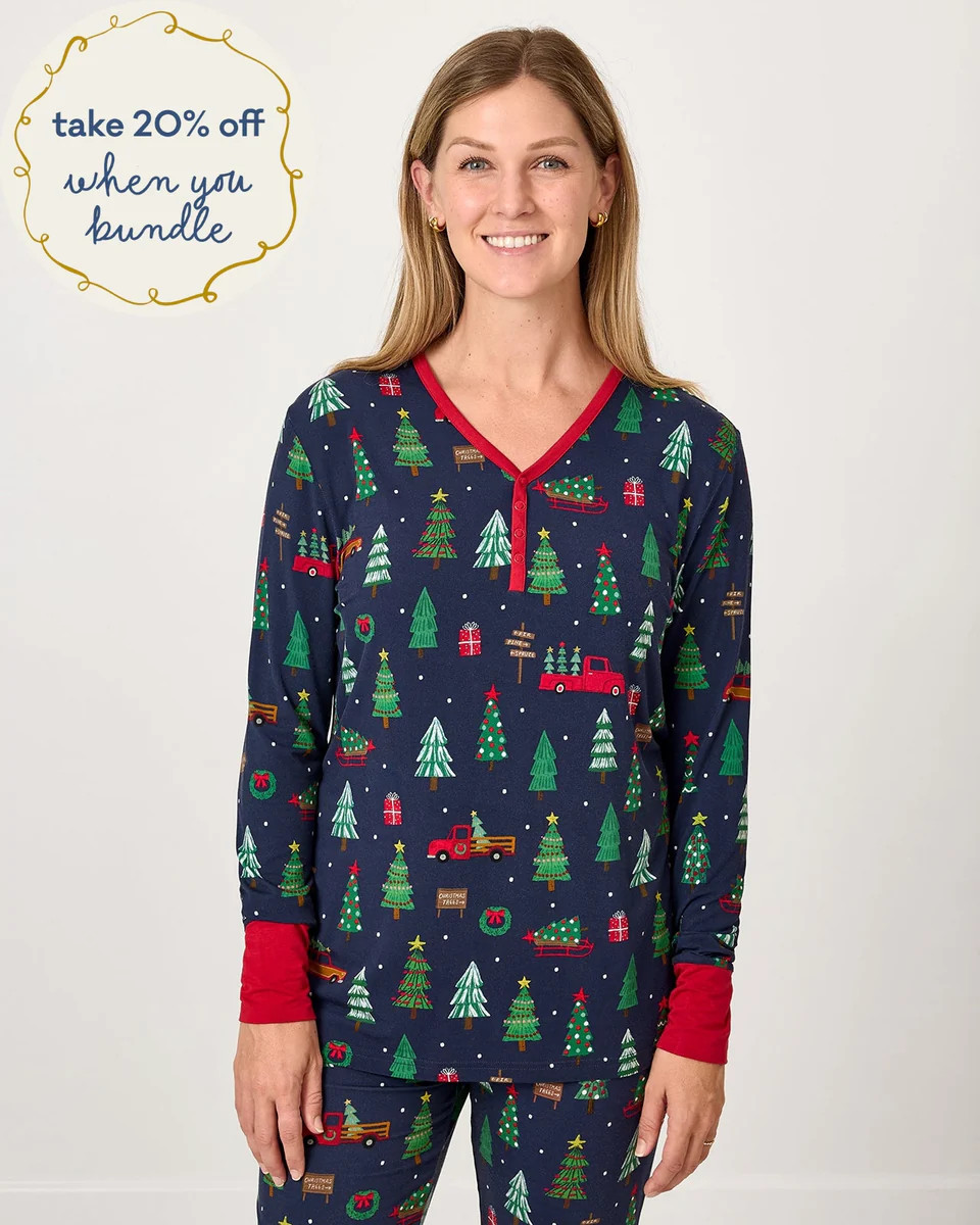 Navy Tree Traffic Women's Long Sleeve Pajama Top | Little Sleepies