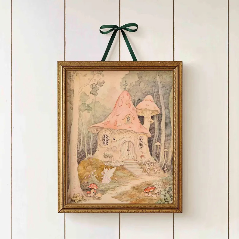 Enchanted Mushroom Cottage Nursery Print: Vintage Fairy Forest Wall Art Baby Girl Room, Storybook... | Etsy (Global)