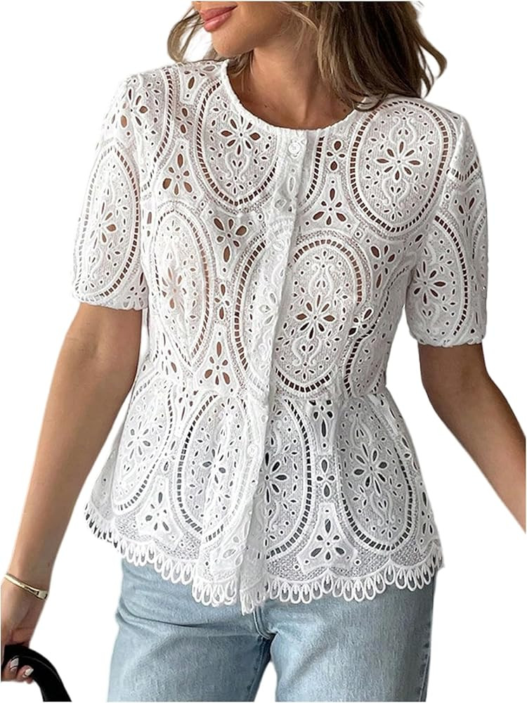 GORGLITTER Women's Eyelet Babydoll Shirts Button Up Short Sleeve Lace Boho Dressy Peplum Blouses ... | Amazon (US)