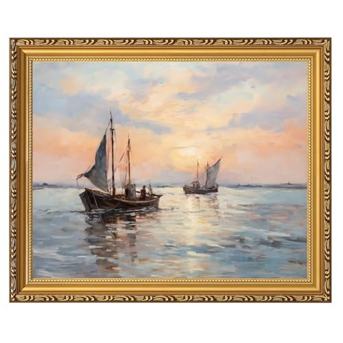 MIEVU Gold Framed Wall Art Vintage - Canvas Wall Art Prints for Living Room Decor Bedroom Home Bathroom, 11x14in Coastal Beach Sailboat Frame Wall Decor (Coastal 3) | Amazon (US)