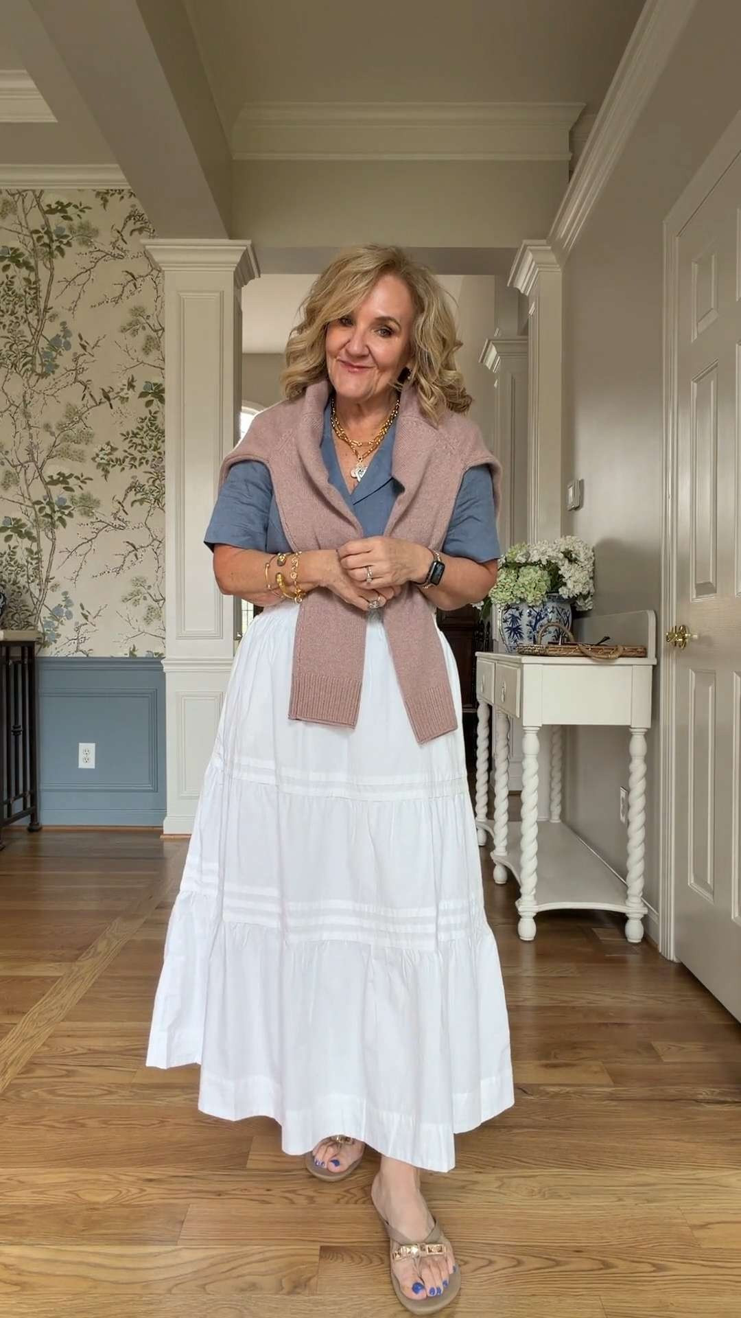 Easy, elevated, and timeless 🫶🏻

Styled this white maxi skirt with a linen camp shirt and a lightweight cashmere sweater over the shoulders for that effortless layered look. Perfect for early spring, summer dinners, travel days, or chilly air-conditioned spaces. Neutral outfit ideas like this never go out of style. 

 #LTKootd #LTKSeasonal #LTKOver40