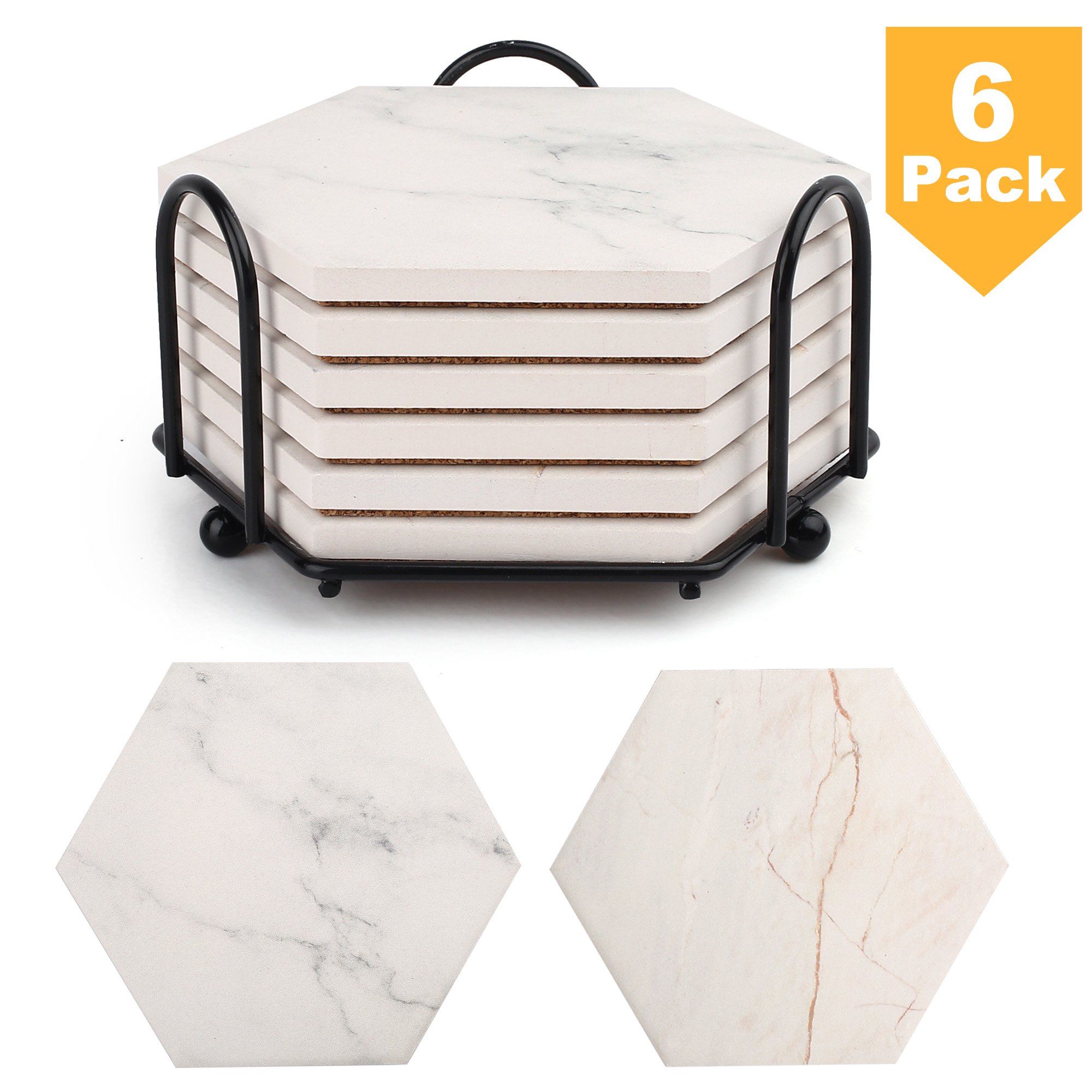 6PCS Drink Coasters, Marble Absorbent Coasters with Metal Holder, Non-Slip Cork Backing ,Ceramic ... | Walmart (US)