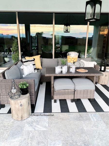 Patio sectional set with ottomans and dining table outdoor modern farmhouse glam drink glasses tableware dinnerware cups pillows 

#LTKSeasonal #LTKFind #LTKhome