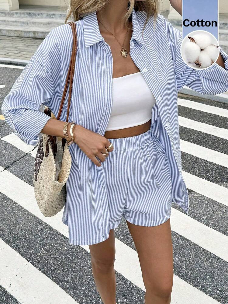 Serisse Women's Fashion Vertical Stripe Shirt And Shorts Set Commute Minimalist Office Old Money Simple Cotton Winter Casual Blue Spring | SHEIN