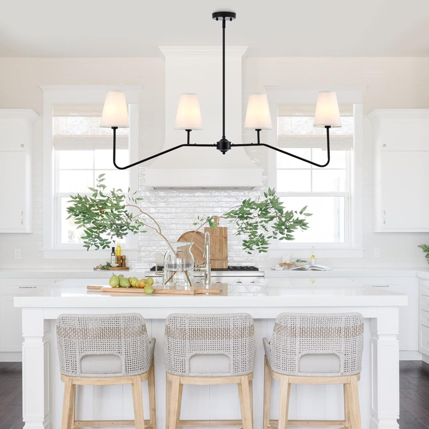 VILUXY Classic Linear Chandelier Off-White Fabric Modern Kitchen Island Pendant Lighting for Indo... | Amazon (US)