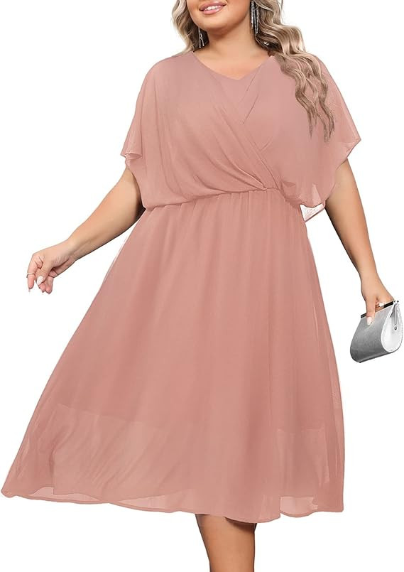 Hanna Nikole Women Plus Size Chiffon Cape V Neck Wedding Guest Swing Midi Dress for Formal Cockta... | Amazon (US)