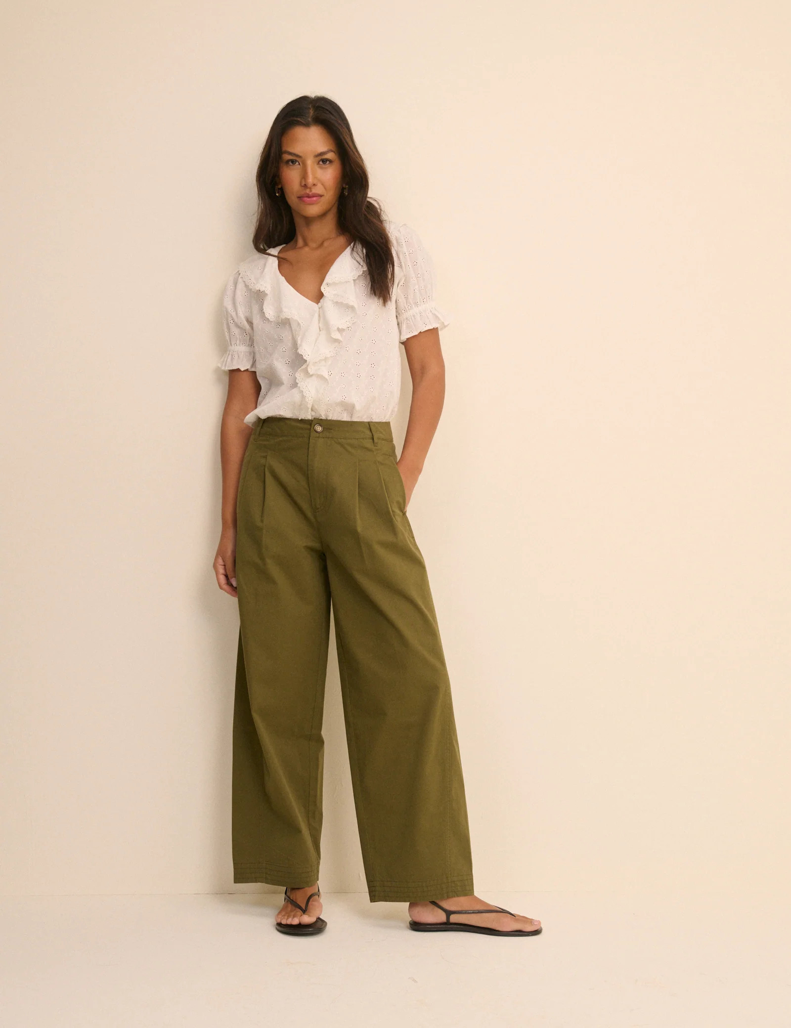 Khaki Pleated Subtle Barrel Trousers | Nobody's Child