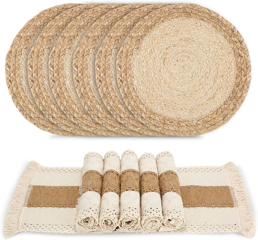 Zology Handmade Boho Placemats Set of 6 - Natural Cotton Burlap and Water Straw Woven Combination... | Amazon (US)