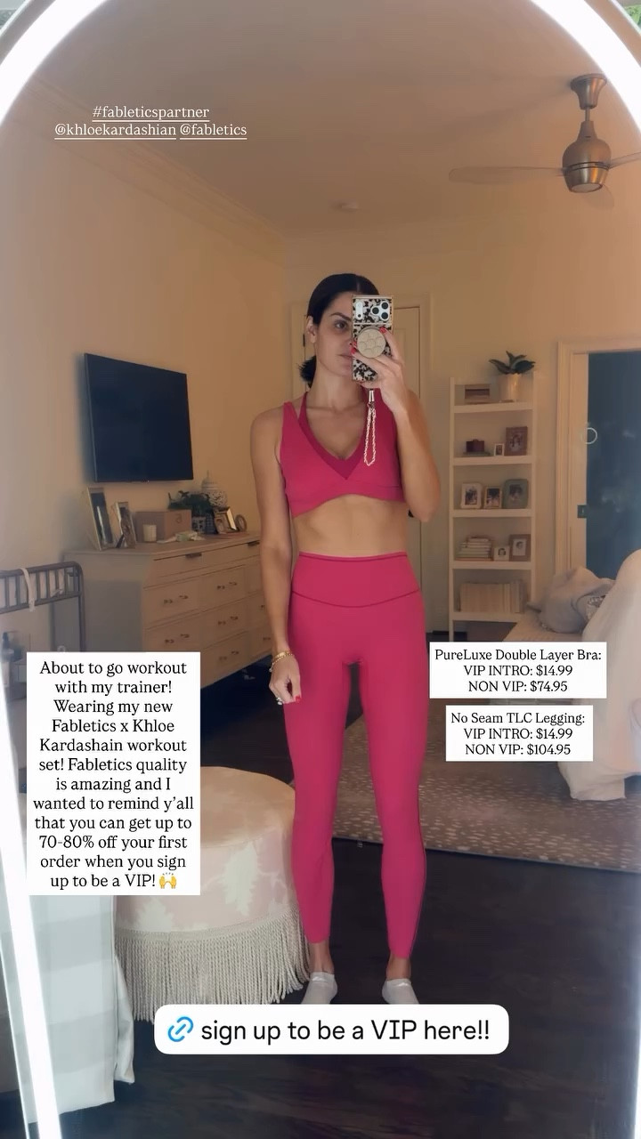 About to go workout with my trainer! Wearing my new Fabletics x Khloe Kardashain workout set! Fabletics quality is amazing and I wanted to remind y’all that you can get up to 70-80% off your first order when you sign up to be a VIP! 🙌 #fableticspartner  @Fabletics   PureLuxe Double Layer Bra:
VIP INTRO: $14.99
NON VIP: $74.95

No Seam TLC Legging: 
VIP INTRO: $14.99
NON VIP: $104.95

Linking below the rest of the items I got!! 😊

#LTKActive #LTKSeasonal