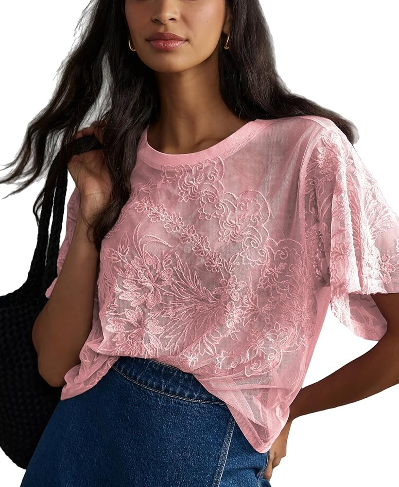 OPCAKM Women's Mesh Tops Y2K Short Sleeve Sheer Lace Embroidered Shirts Layering See Through Blou... | Amazon (US)