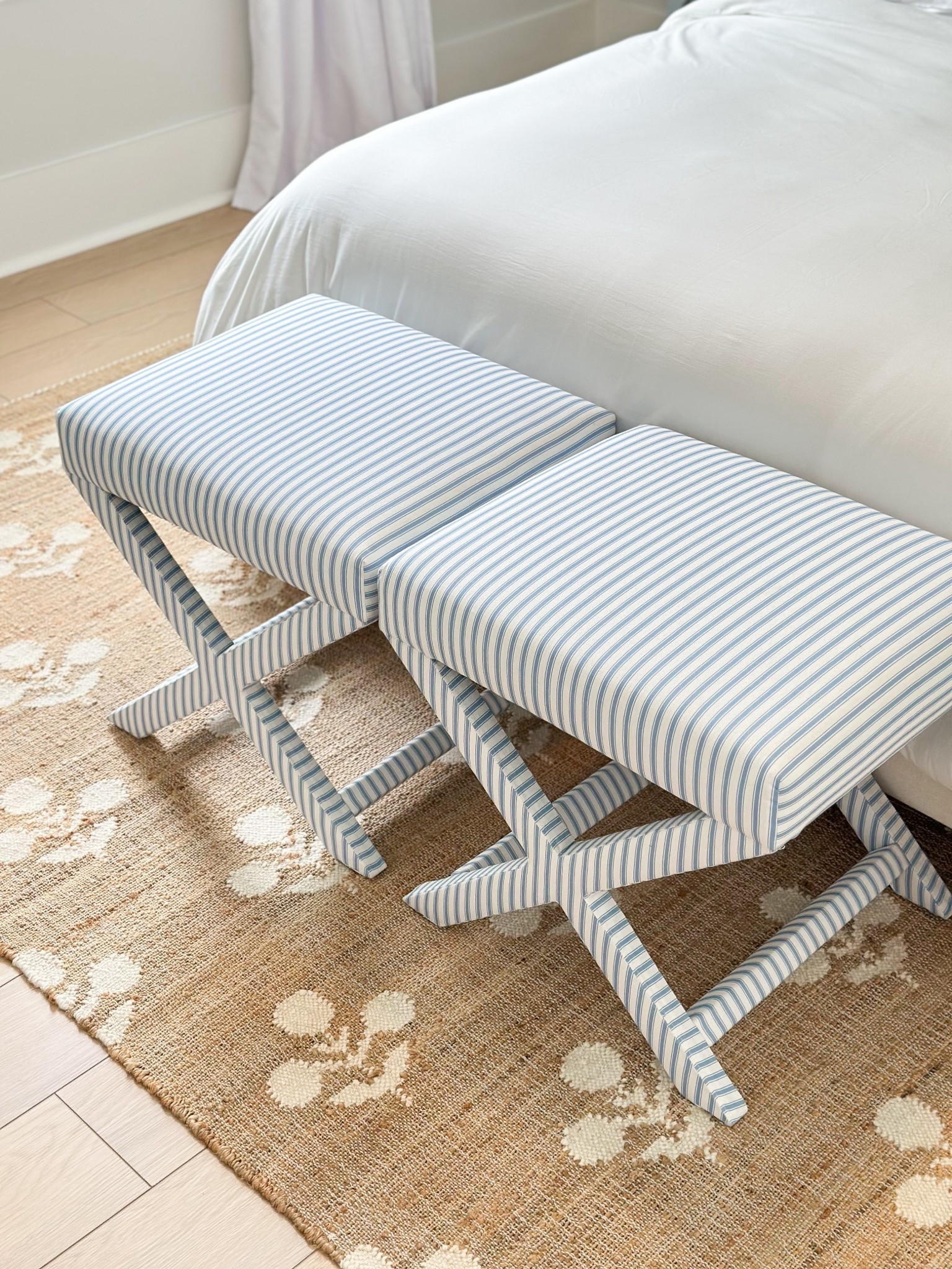 My favorite x benches are 25% off right now! 

Use them at the end of the bed, next to a console table, in front of a side table, under an entryway table 

The inside sale, blue striped benches, Grandmillennial style, bedroom furniture, blockprint rug, Wayfair sale 

#LTKSaleAlert #LTKHome #LTKCyberWeek