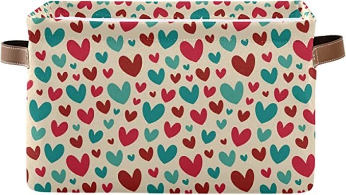 Large Storage Basket Vintage Teal Red Cute Hearts Foldable Storage Box Organizer Bins with Handle... | Amazon (US)