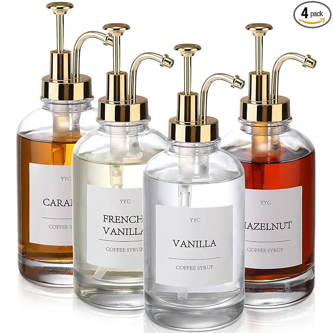 Coffee Bar AccessoriesCoffee Syrup Dispenser for Coffee Bar,YYC Pump w Labels,Glass 4 Pack,16.9oz... | Amazon (US)