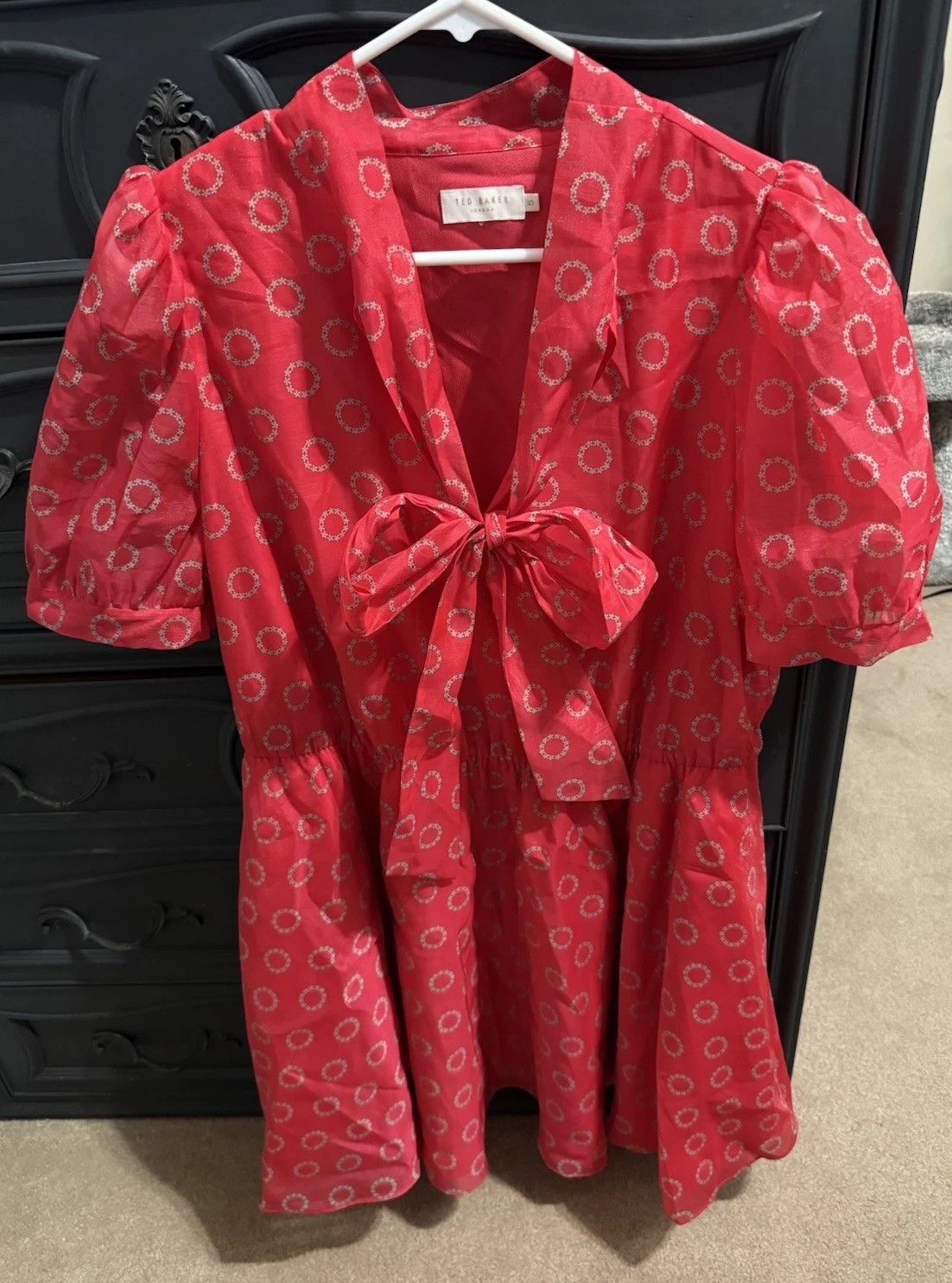 Ted Baker Dotty Puff Sleeve Mini Dress Womens Size 5 Pink Preppy | eBay US