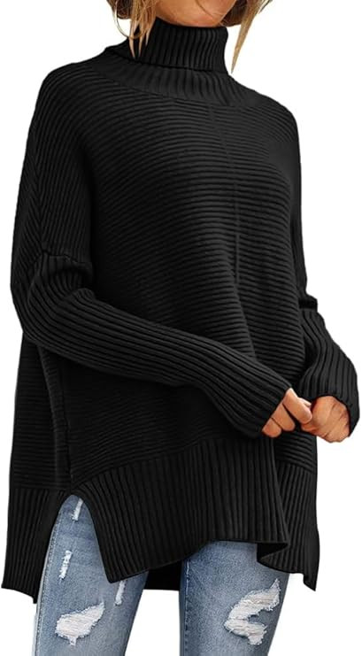 ANRABESS Womens 2023 Fall Sweaters Oversized Turtleneck Long Batwing Sleeve Split Hem Pullover Kn... | Amazon (US)