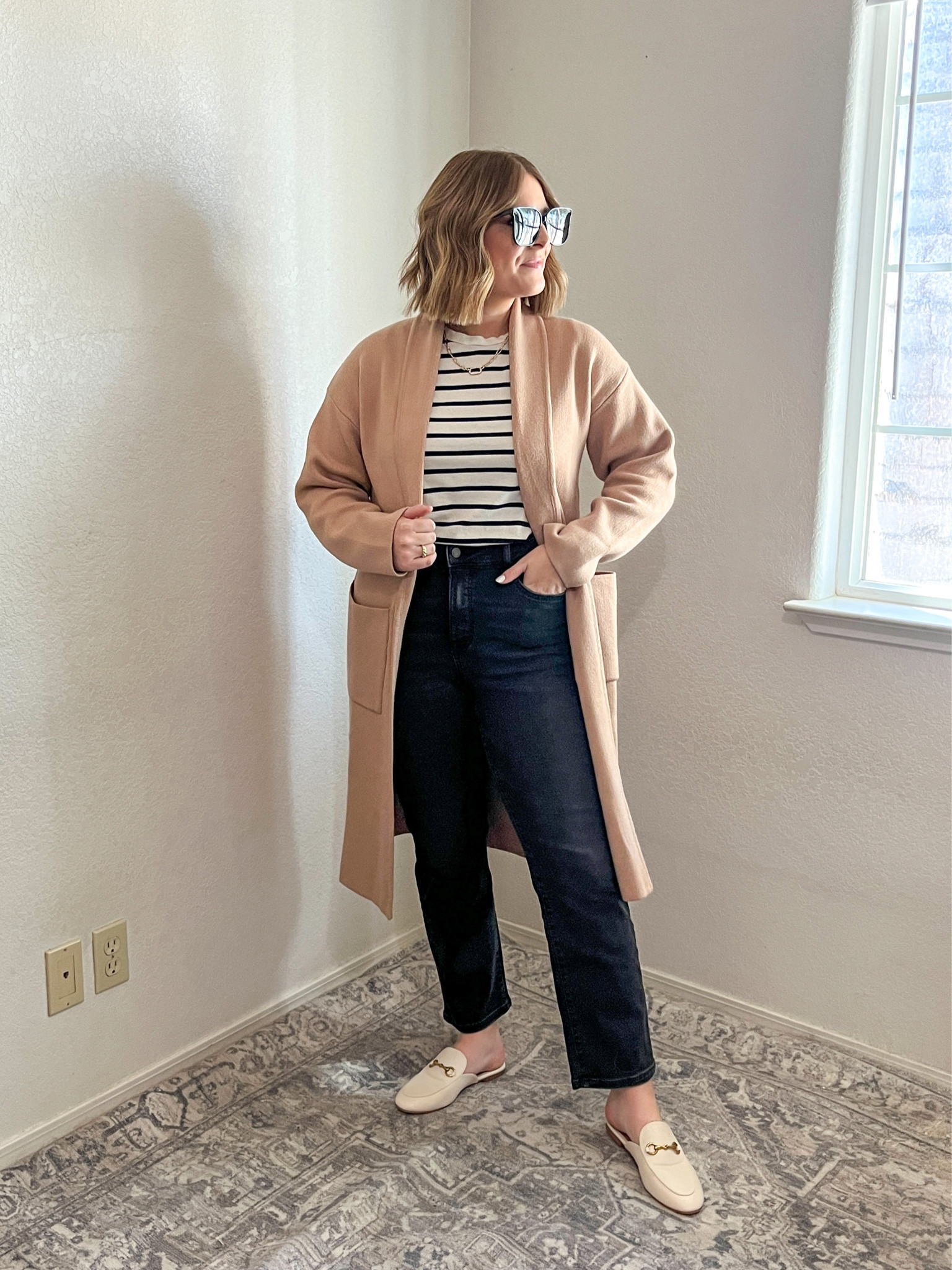 Striped tee with coatigan and black jeans//
Wearing M in coatigan (runs big)
Wearing L in tee (runs big, wish I would have sized down)
Wearing 10 in jeans (tts)

#LTKstyletip #LTKmidsize #LTKfindsunder50