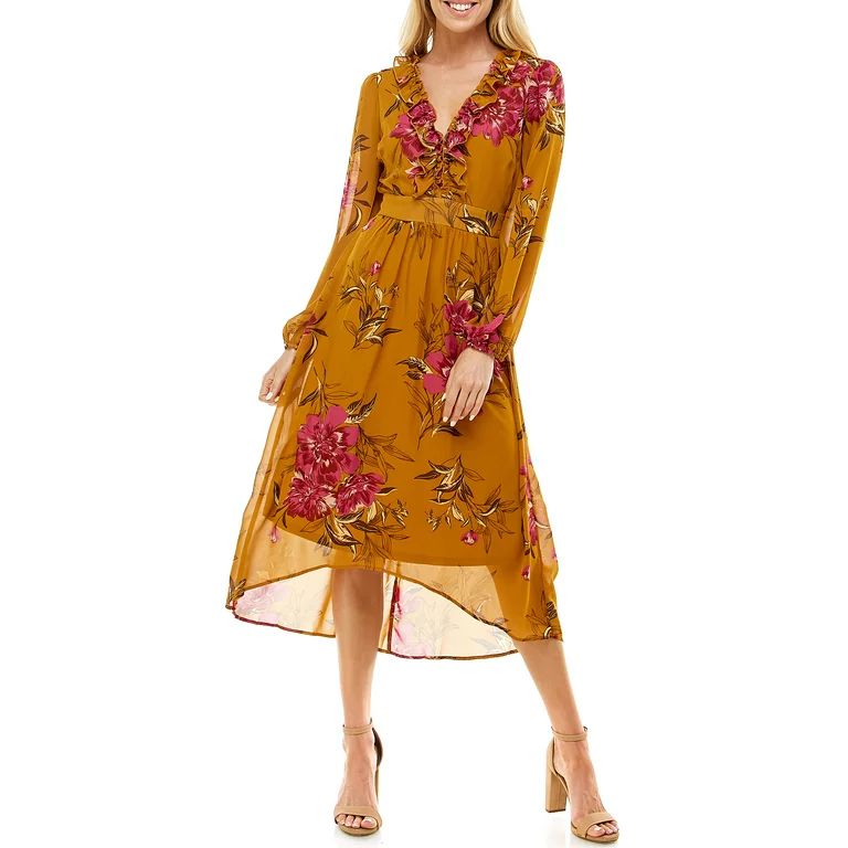 June & Hudson Women's Junior High-Low Ruffle Floral Print Dress | Walmart (US)