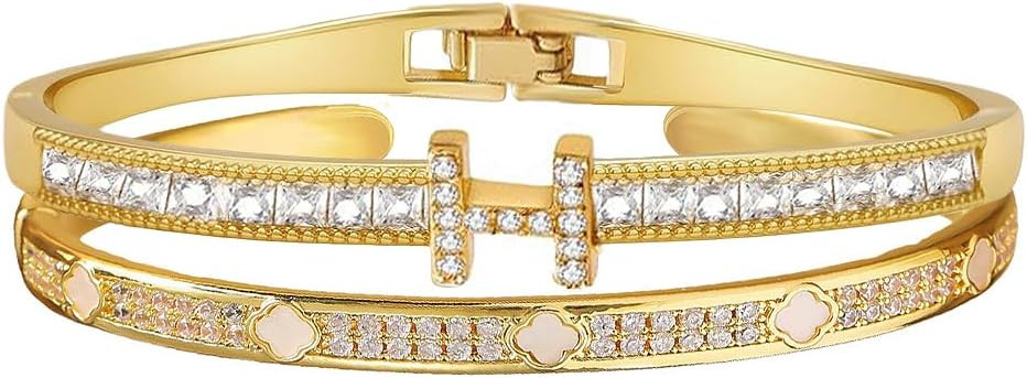 14/18K Gold Plated Bracelets Set for Women Flower Bangle Love Bangle Cubic Zirconia Bracelet Stac... | Amazon (US)