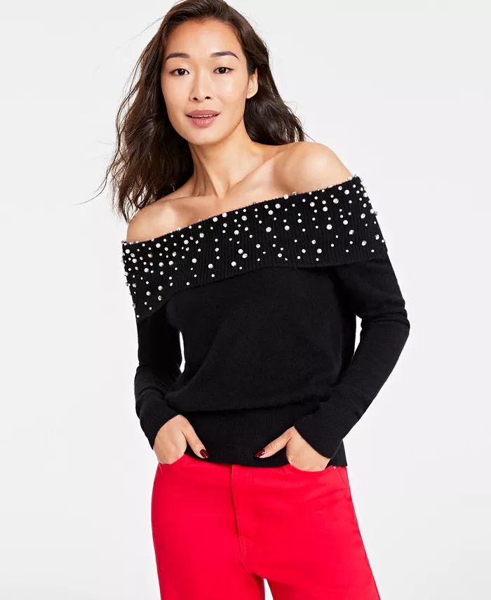 Women's 100% Cashmere Embellished Off-The-Shoulder Sweater, Created for Macy's | Macy's