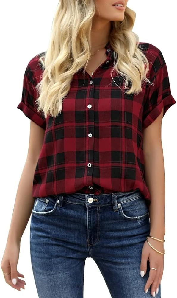 Veatzaer Women's Plaid Short Sleeve Button Down Shirt Casual Summer Blouses Tops | Amazon (US)