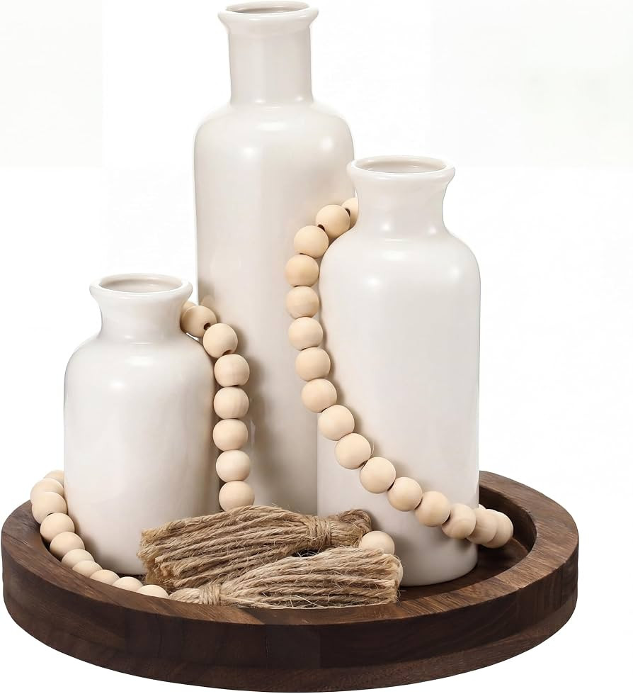 5 Pcs Coffee Table Decor Set,Ivory White,Walnut Brown Tray | Amazon (US)