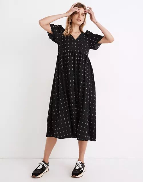 Dobby Puff-Sleeve V-Neck Midi Dress | Madewell