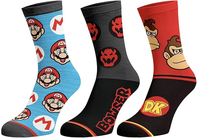 Bioworld Nintendo Super Mario Men's Bowser Donkey Kong Mario 3-Pack Mid-Calf Adult Crew Socks | Amazon (US)