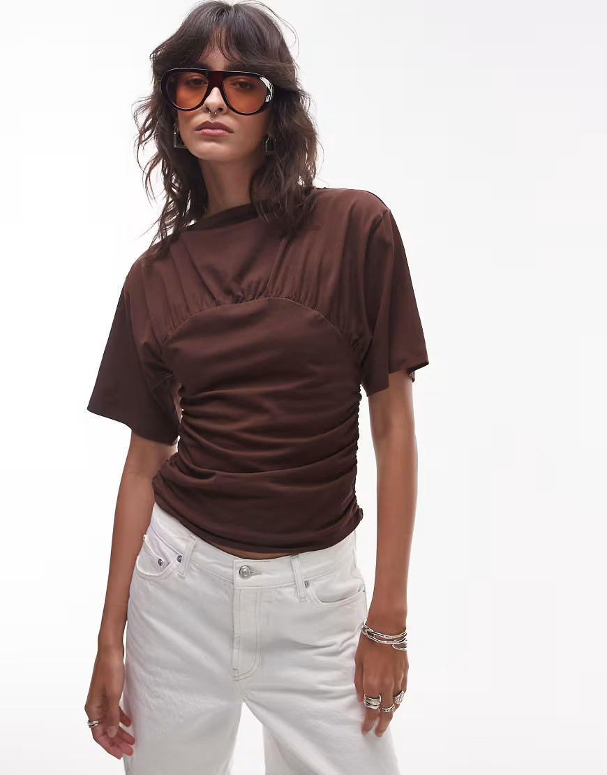 Topshop ruched detail short sleeve top in chocolate brown | ASOS (Global)