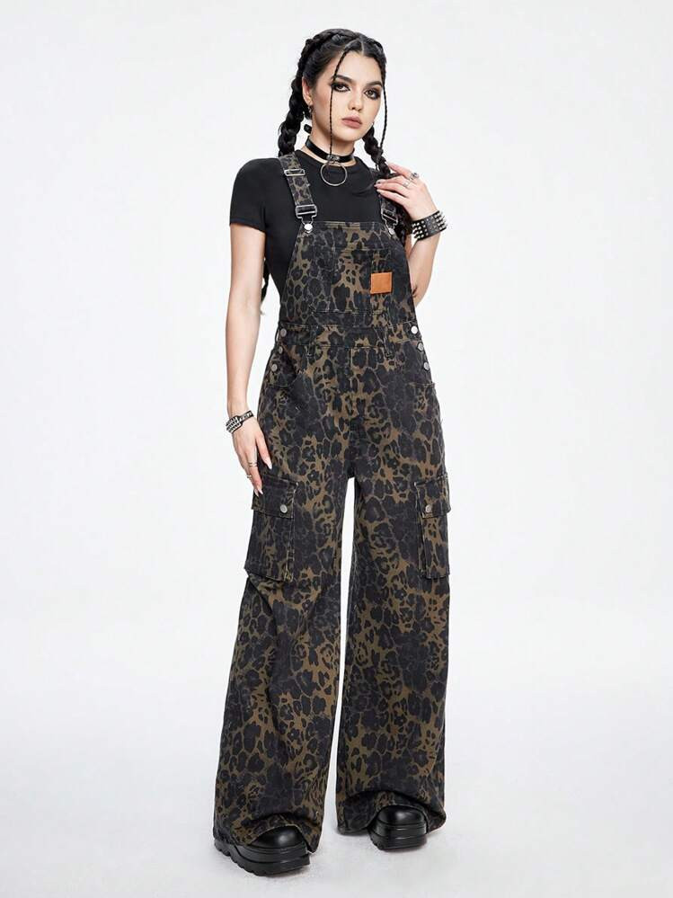 ROMWE Grunge Punk Casual Street Style Leopard Print Denim Overalls & Jumpsuits For Women With Wov... | SHEIN