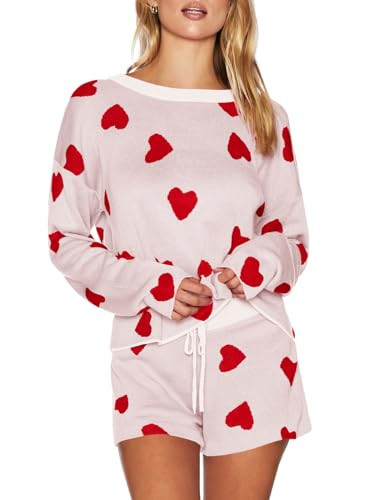 Saodimallsu Womens Valentine's Day Pajama Set Hearts Print Lounge Sets Long Sleeve Sweater and Shorts 2 Piece Outfits White | Amazon (US)