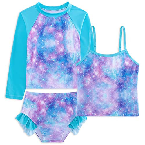 swimsobo Girls 3 Pieces Swimsuit Long Sleeve for 7 Year Kids Sun Protection Swimwear Cute Bathing Suit with Shorts Purple Starry Swimwear UPF Child Tankini | Amazon (US)