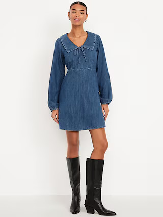 Long-Sleeve Fit & Flare Collared Jean Mini Dress | Old Navy (US)