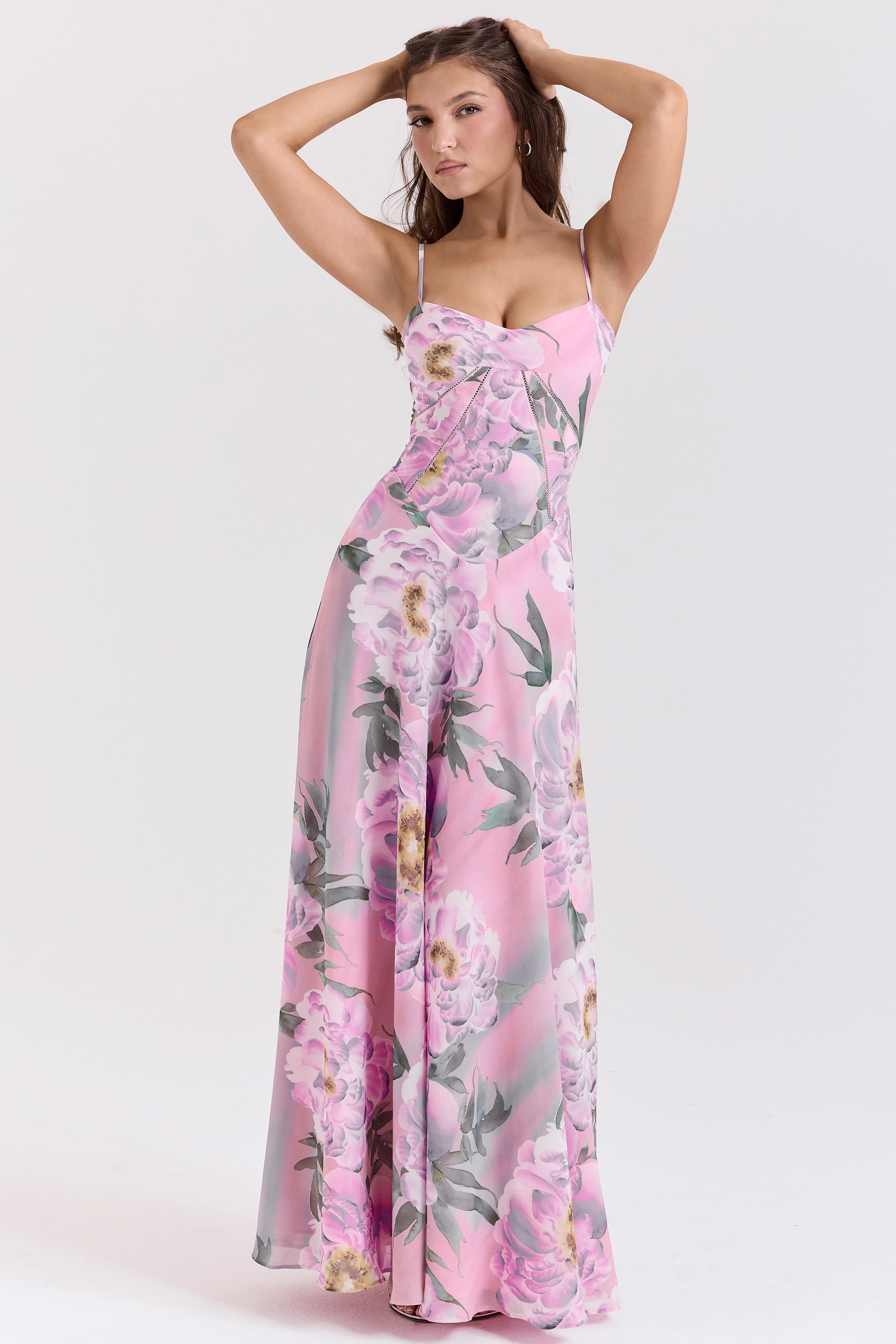 pink floral print lace back maxi dress | House of CB