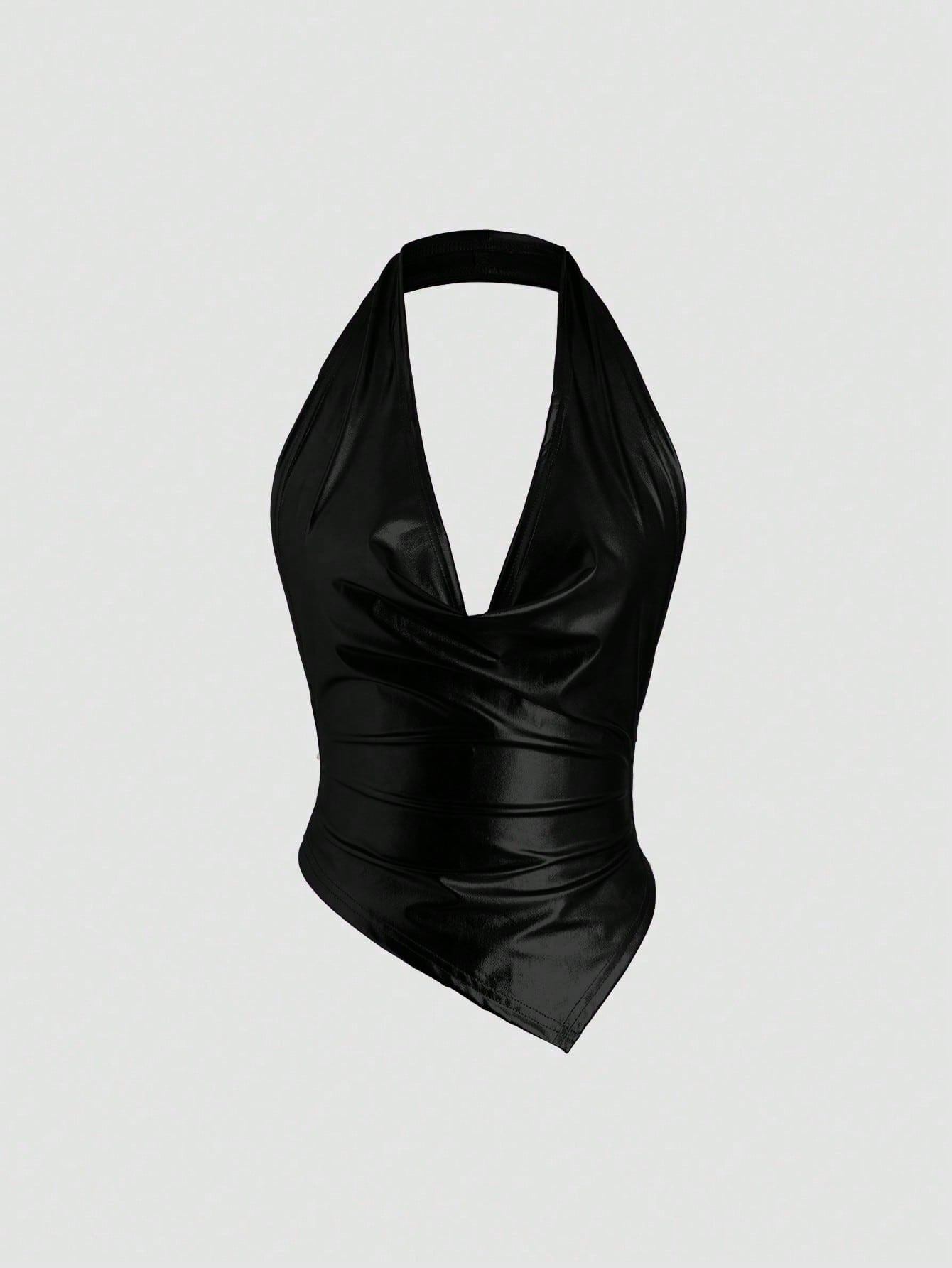 SHEIN ICON Summer Sexy Solid Color Halter Asymmetric Hem Tie Back Crop Top | SHEIN